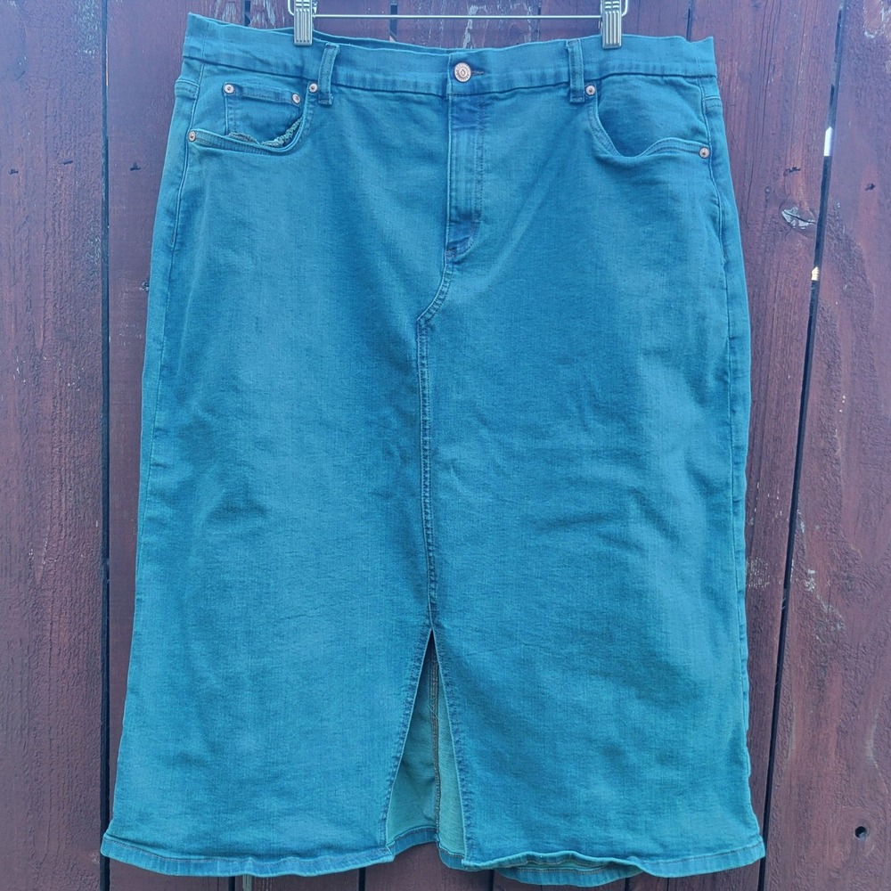 Canyon Retreat Denim & Co Teal Overdyed Jean Midi Skirt Stretch Plus 22W Slit